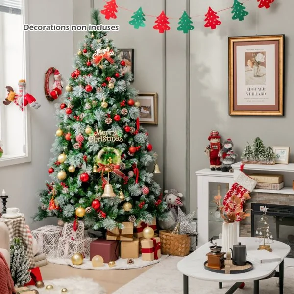 Sapin de Noël Artificiel Illuminé de 215 cm à Charnière avec 1116 Branches 400 Lumières LED 70 Pommes de Pin et 70Baies Rouges 11 Modes d'Éclairage
