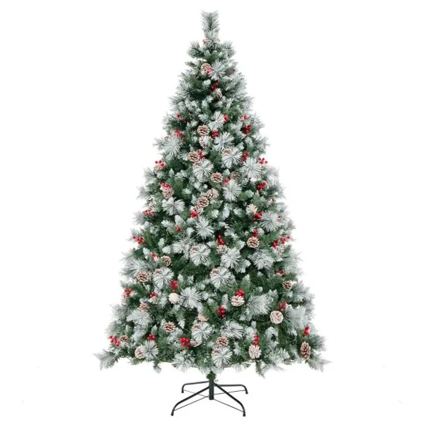 Sapin de Noël Artificiel Illuminé de 215 cm à Charnière avec 1116 Branches 400 Lumières LED 70 Pommes de Pin et 70Baies Rouges 11 Modes d'Éclairage
