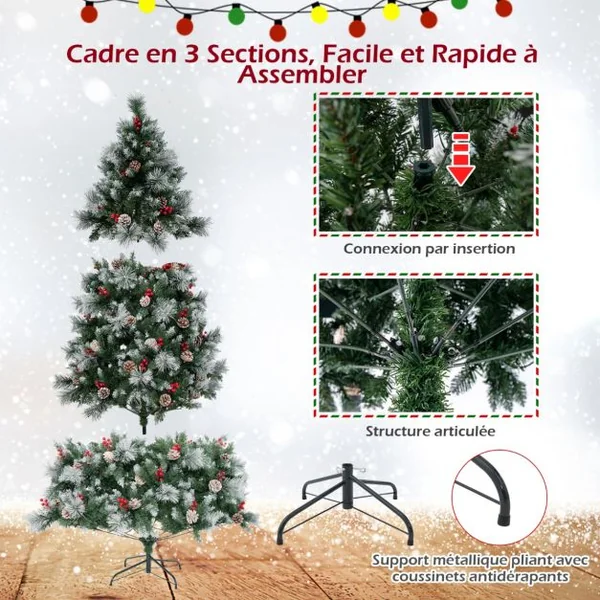 Sapin de Noël Artificiel Illuminé de 215 cm à Charnière avec 1116 Branches 400 Lumières LED 70 Pommes de Pin et 70Baies Rouges 11 Modes d'Éclairage