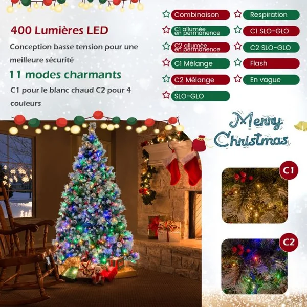 Sapin de Noël Artificiel Illuminé de 215 cm à Charnière avec 1116 Branches 400 Lumières LED 70 Pommes de Pin et 70Baies Rouges 11 Modes d'Éclairage