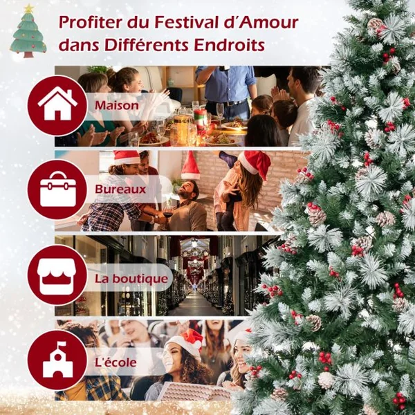 Sapin de Noël Artificiel Illuminé de 215 cm à Charnière avec 1116 Branches 400 Lumières LED 70 Pommes de Pin et 70Baies Rouges 11 Modes d'Éclairage