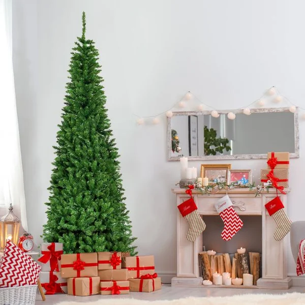 Sapin de Noël Artificiel LED et Longiforme 198 cm avec250 LED Lumières Colorées Feuilles en PVC Support Métallique Pliable