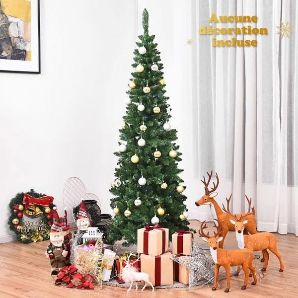 Sapin de Noël Artificiel LED et Longiforme 198 cm avec250 LED Lumières Colorées Feuilles en PVC Support Métallique Pliable