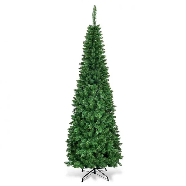 Sapin de Noël Artificiel LED et Longiforme 198 cm avec250 LED Lumières Colorées Feuilles en PVC Support Métallique Pliable