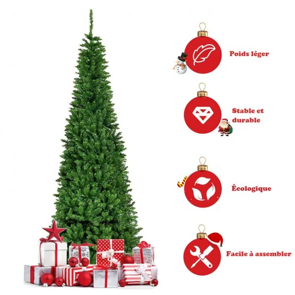 Sapin de Noël Artificiel LED et Longiforme 198 cm avec250 LED Lumières Colorées Feuilles en PVC Support Métallique Pliable