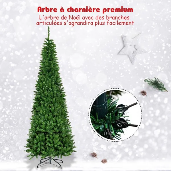 Sapin de Noël Artificiel LED et Longiforme 198 cm avec250 LED Lumières Colorées Feuilles en PVC Support Métallique Pliable