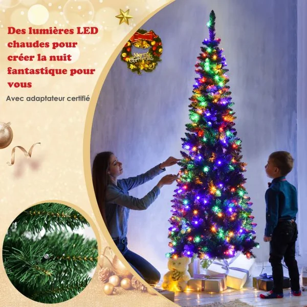 Sapin de Noël Artificiel LED et Longiforme 198 cm avec250 LED Lumières Colorées Feuilles en PVC Support Métallique Pliable