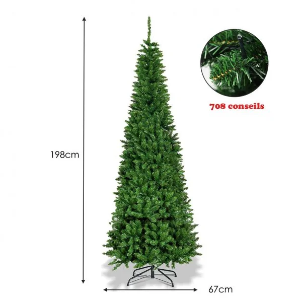 Sapin de Noël Artificiel LED et Longiforme 198 cm avec250 LED Lumières Colorées Feuilles en PVC Support Métallique Pliable