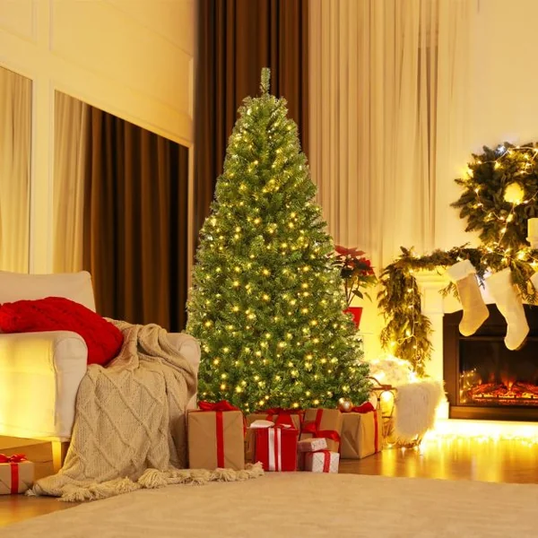 Sapin de Noël Artificiel Pré-éclairé 11 Modes d'Eclairage Sapin de Noël Articulé avec Branches en PVC Support en Métal Pliable Sapin Vert
