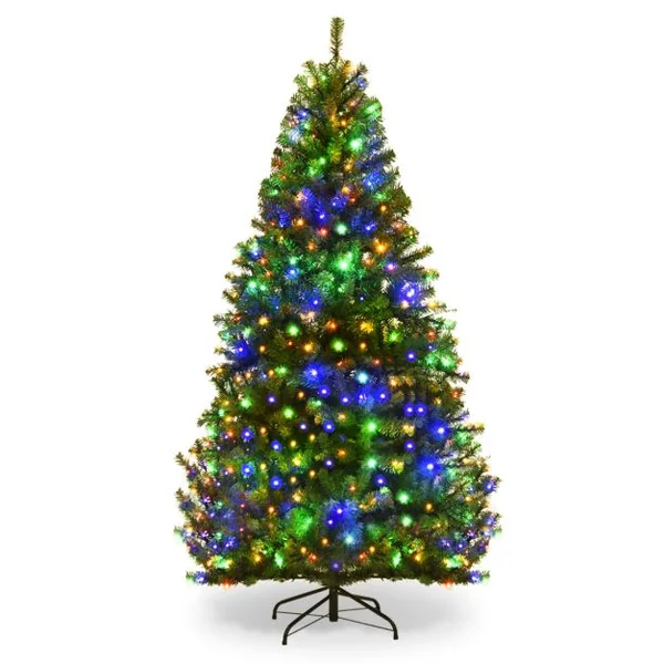 Sapin de Noël Artificiel Pré-éclairé 11 Modes d'Eclairage Sapin de Noël Articulé avec Branches en PVC Support en Métal Pliable Sapin Vert