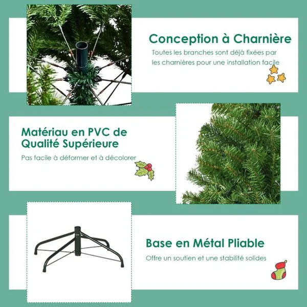 Sapin de Noël Artificiel Pré-éclairé 11 Modes d'Eclairage Sapin de Noël Articulé avec Branches en PVC Support en Métal Pliable Sapin Vert