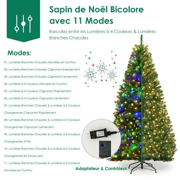 Sapin de Noël Artificiel Pré-éclairé 11 Modes d'Eclairage Sapin de Noël Articulé avec Branches en PVC Support en Métal Pliable Sapin Vert
