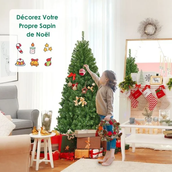 Sapin de Noël Artificiel Pré-éclairé 11 Modes d'Eclairage Sapin de Noël Articulé avec Branches en PVC Support en Métal Pliable Sapin Vert