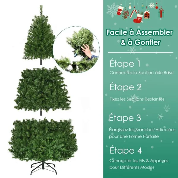 Sapin de Noël Artificiel Pré-éclairé 11 Modes d'Eclairage Sapin de Noël Articulé avec Branches en PVC Support en Métal Pliable Sapin Vert