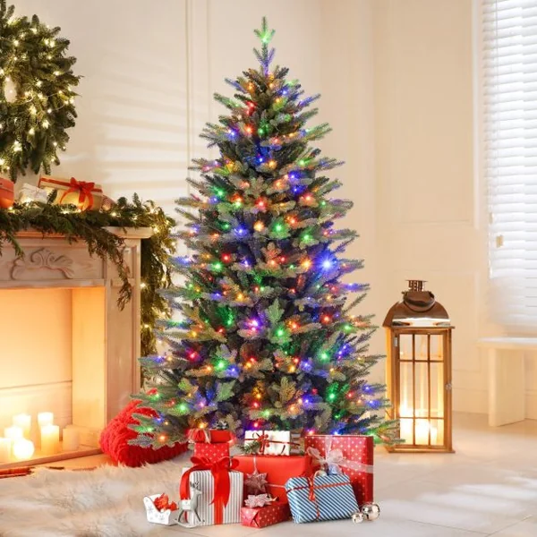 Sapin De Noël Artificiel Pré-Éclairé 150/180/210 Cm Arbre De Noël 844 Branches 250 Lumières Led Multicolores et Blanc Chaud 11 Modes d'Éclairage à Charnière