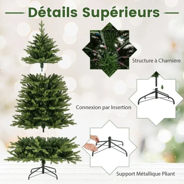 Sapin De Noël Artificiel Pré-Éclairé 150/180/210 Cm Arbre De Noël 844 Branches 250 Lumières Led Multicolores et Blanc Chaud 11 Modes d'Éclairage à Charnière