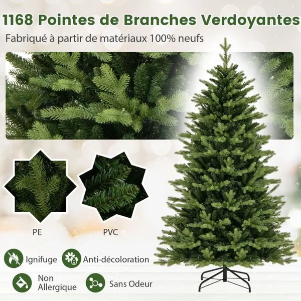 Sapin De Noël Artificiel Pré-Éclairé 150/180/210 Cm Arbre De Noël 844 Branches 250 Lumières Led Multicolores et Blanc Chaud 11 Modes d'Éclairage à Charnière