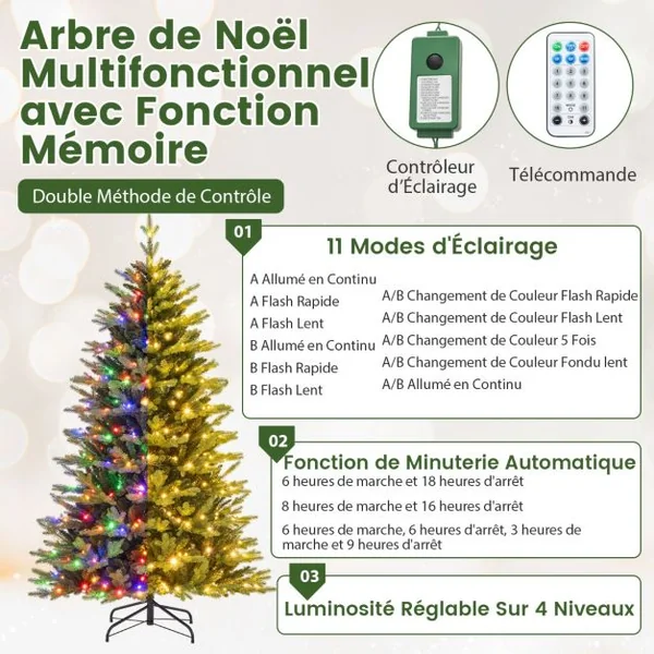Sapin De Noël Artificiel Pré-Éclairé 150/180/210 Cm Arbre De Noël 844 Branches 250 Lumières Led Multicolores et Blanc Chaud 11 Modes d'Éclairage à Charnière
