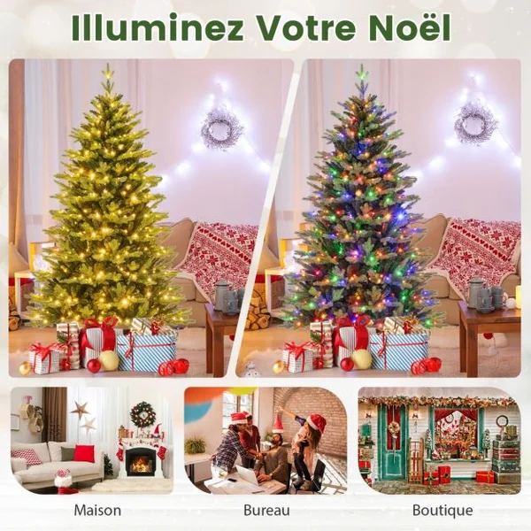 Sapin De Noël Artificiel Pré-Éclairé 150/180/210 Cm Arbre De Noël 844 Branches 250 Lumières Led Multicolores et Blanc Chaud 11 Modes d'Éclairage à Charnière