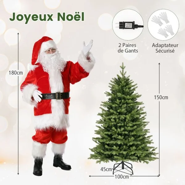 Sapin De Noël Artificiel Pré-Éclairé 150/180/210 Cm Arbre De Noël 844 Branches 250 Lumières Led Multicolores et Blanc Chaud 11 Modes d'Éclairage à Charnière