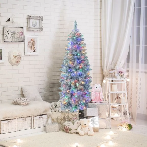 Sapin de Noël Artificiel Pré-éclairé 150 cm 343 Pointes de Branches 190 Lumières LED Multicolores Forme Crayon Arbre de Noël Charnière et Support en Métal Pliable
