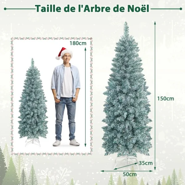 Sapin de Noël Artificiel Pré-éclairé 150 cm 343 Pointes de Branches 190 Lumières LED Multicolores Forme Crayon Arbre de Noël Charnière et Support en Métal Pliable