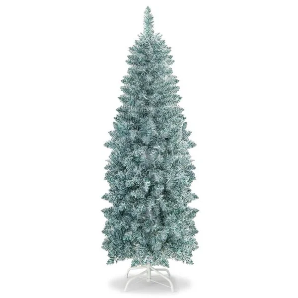 Sapin de Noël Artificiel Pré-éclairé 150 cm 343 Pointes de Branches 190 Lumières LED Multicolores Forme Crayon Arbre de Noël Charnière et Support en Métal Pliable