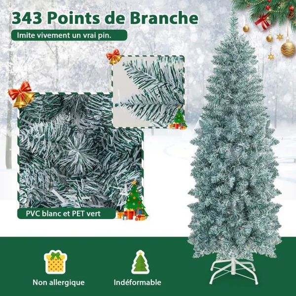 Sapin de Noël Artificiel Pré-éclairé 150 cm 343 Pointes de Branches 190 Lumières LED Multicolores Forme Crayon Arbre de Noël Charnière et Support en Métal Pliable