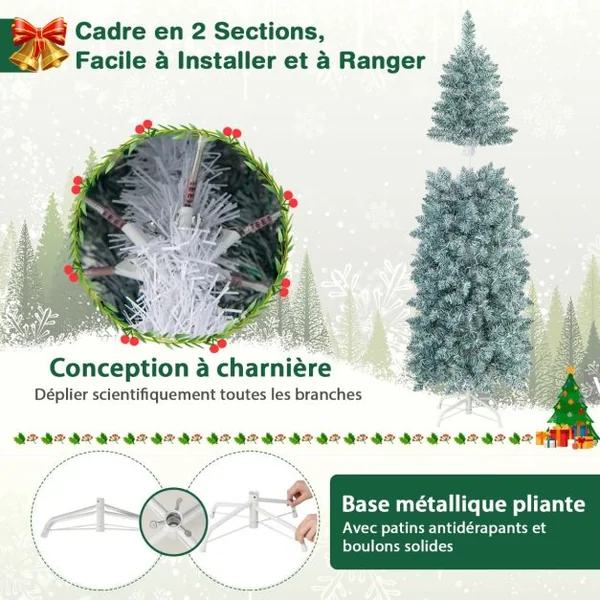 Sapin de Noël Artificiel Pré-éclairé 150 cm 343 Pointes de Branches 190 Lumières LED Multicolores Forme Crayon Arbre de Noël Charnière et Support en Métal Pliable