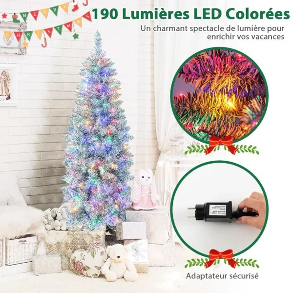 Sapin de Noël Artificiel Pré-éclairé 150 cm 343 Pointes de Branches 190 Lumières LED Multicolores Forme Crayon Arbre de Noël Charnière et Support en Métal Pliable