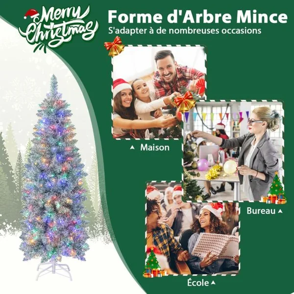 Sapin de Noël Artificiel Pré-éclairé 150 cm 343 Pointes de Branches 190 Lumières LED Multicolores Forme Crayon Arbre de Noël Charnière et Support en Métal Pliable