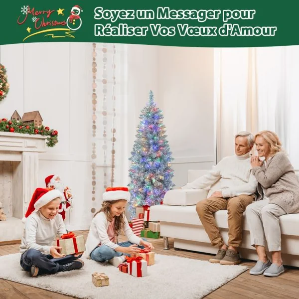 Sapin de Noël Artificiel Pré-éclairé 150 cm 343 Pointes de Branches 190 Lumières LED Multicolores Forme Crayon Arbre de Noël Charnière et Support en Métal Pliable