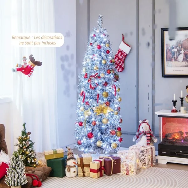 Sapin de Noël Artificiel Pré-éclairé 180 cm 475 Pointes de Branches 250 Lumières LED Blanc Froid Forme Crayon Base en Métal Pliable Arbre de Noël