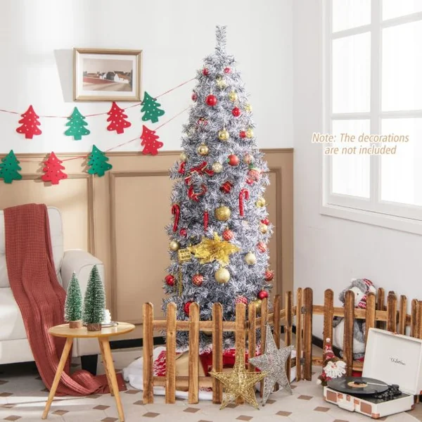 Sapin de Noël Artificiel Pré-éclairé 180 cm 475 Pointes de Branches 250 Lumières LED Blanc Froid Forme Crayon Base en Métal Pliable Arbre de Noël