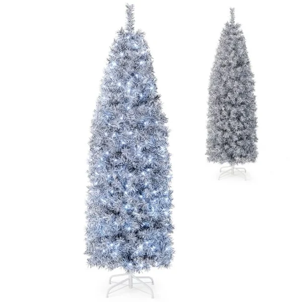 Sapin de Noël Artificiel Pré-éclairé 180 cm 475 Pointes de Branches 250 Lumières LED Blanc Froid Forme Crayon Base en Métal Pliable Arbre de Noël