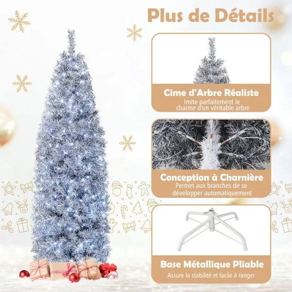 Sapin de Noël Artificiel Pré-éclairé 180 cm 475 Pointes de Branches 250 Lumières LED Blanc Froid Forme Crayon Base en Métal Pliable Arbre de Noël