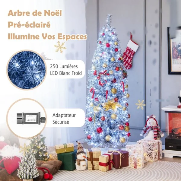 Sapin de Noël Artificiel Pré-éclairé 180 cm 475 Pointes de Branches 250 Lumières LED Blanc Froid Forme Crayon Base en Métal Pliable Arbre de Noël