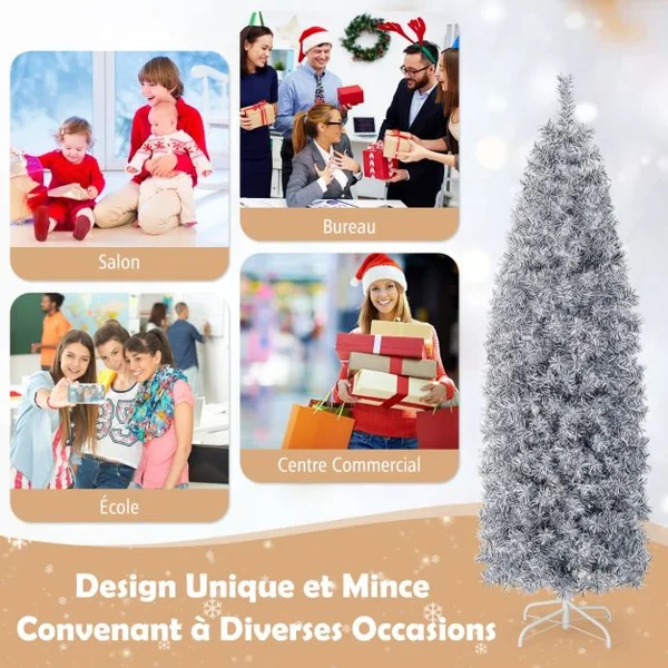 Sapin de Noël Artificiel Pré-éclairé 180 cm 475 Pointes de Branches 250 Lumières LED Blanc Froid Forme Crayon Base en Métal Pliable Arbre de Noël