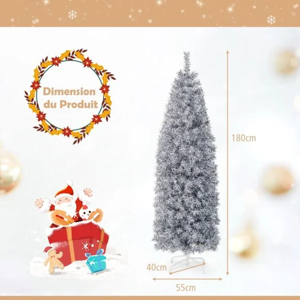 Sapin de Noël Artificiel Pré-éclairé 180 cm 475 Pointes de Branches 250 Lumières LED Blanc Froid Forme Crayon Base en Métal Pliable Arbre de Noël
