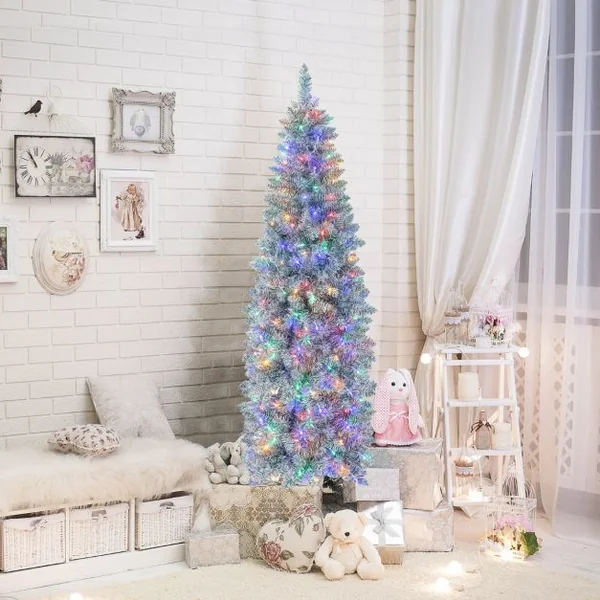 Sapin de Noël Artificiel Pré-éclairé 180 cm 478 Pointes de Branches 250 Lumières LED Multicolores Forme Crayon Arbre de Noël Charnière et Support en Métal Pliable