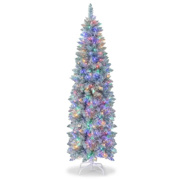 Sapin de Noël Artificiel Pré-éclairé 180 cm 478 Pointes de Branches 250 Lumières LED Multicolores Forme Crayon Arbre de Noël Charnière et Support en Métal Pliable