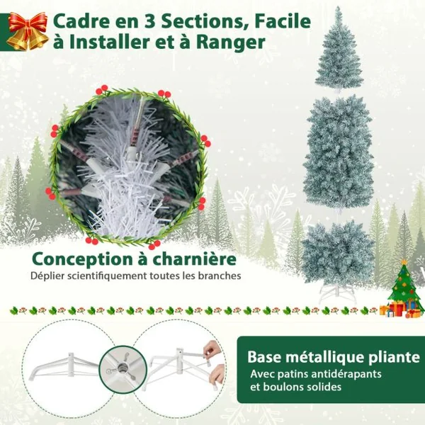 Sapin de Noël Artificiel Pré-éclairé 180 cm 478 Pointes de Branches 250 Lumières LED Multicolores Forme Crayon Arbre de Noël Charnière et Support en Métal Pliable