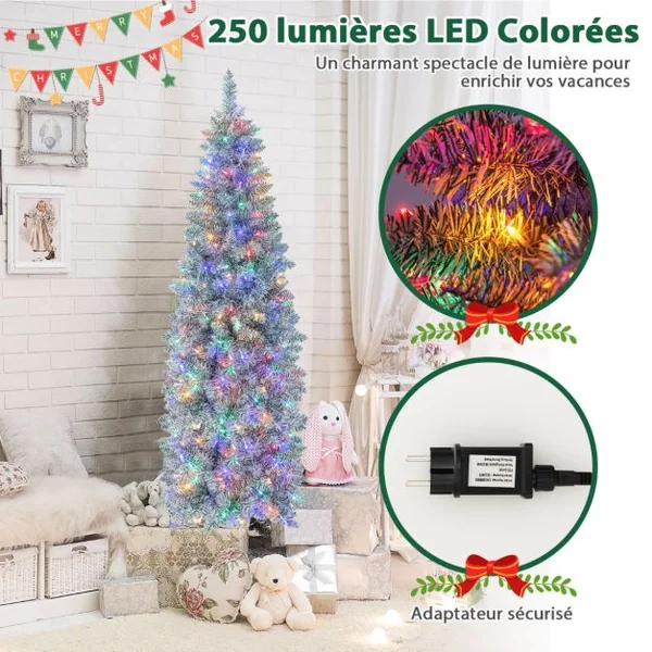 Sapin de Noël Artificiel Pré-éclairé 180 cm 478 Pointes de Branches 250 Lumières LED Multicolores Forme Crayon Arbre de Noël Charnière et Support en Métal Pliable