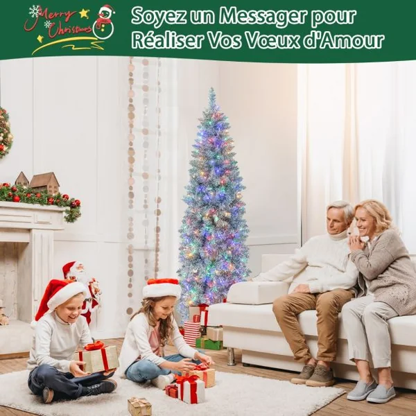 Sapin de Noël Artificiel Pré-éclairé 180 cm 478 Pointes de Branches 250 Lumières LED Multicolores Forme Crayon Arbre de Noël Charnière et Support en Métal Pliable