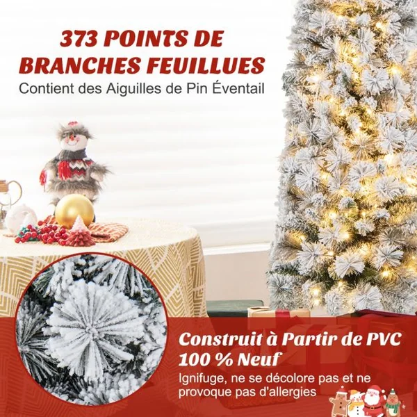 Sapin de Noël Artificiel Pré-éclairé 180 cm en Forme de Crayon Floqué de Neige 150 Lumières Blanches Chaudes 373 Pointes de Branches Aiguilles de Pin
