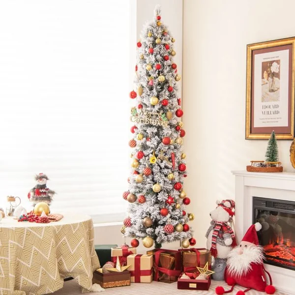 Sapin de Noël Artificiel Pré-éclairé 180 cm en Forme de Crayon Floqué de Neige 150 Lumières Blanches Chaudes 373 Pointes de Branches Aiguilles de Pin