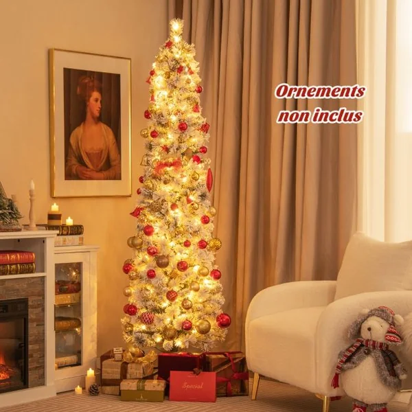 Sapin de Noël Artificiel Pré-éclairé 180 cm en Forme de Crayon Floqué de Neige 150 Lumières Blanches Chaudes 373 Pointes de Branches Aiguilles de Pin