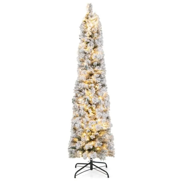 Sapin de Noël Artificiel Pré-éclairé 180 cm en Forme de Crayon Floqué de Neige 150 Lumières Blanches Chaudes 373 Pointes de Branches Aiguilles de Pin