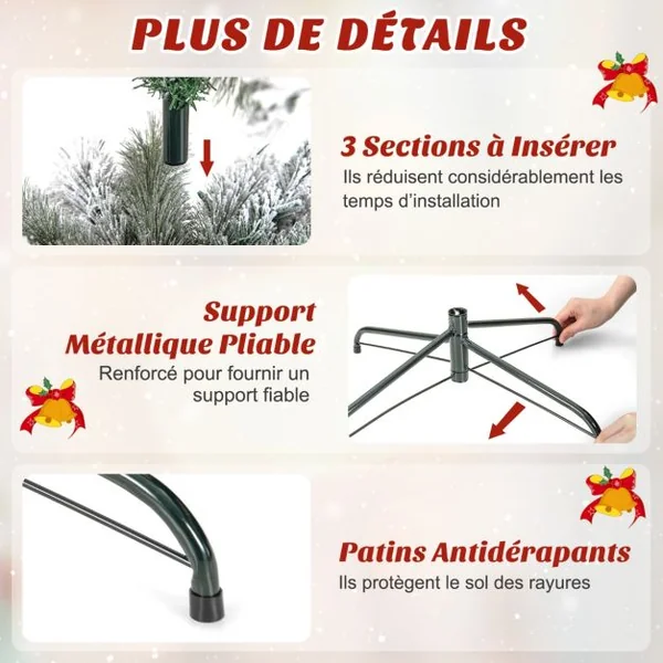 Sapin de Noël Artificiel Pré-éclairé 180 cm en Forme de Crayon Floqué de Neige 150 Lumières Blanches Chaudes 373 Pointes de Branches Aiguilles de Pin