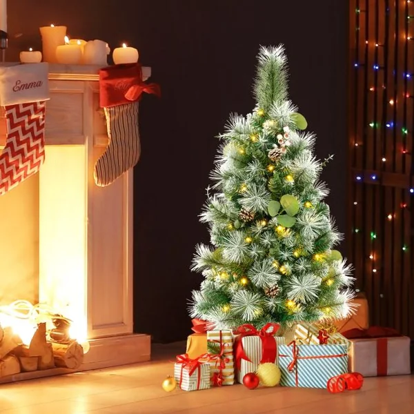 Sapin de Noël Artificiel Pré-éclairé 90cm Décoration de Table 98 Aiguilles de Pin Floquées Baies Pommes de Pin 30 Lumières LED Blanc Chaud
